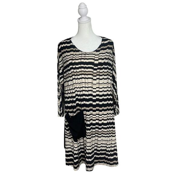 SUN KIM Lagenlook Wearable Art Black Tan Stripes Front Pocket Dress Size L - Picture 1 of 8